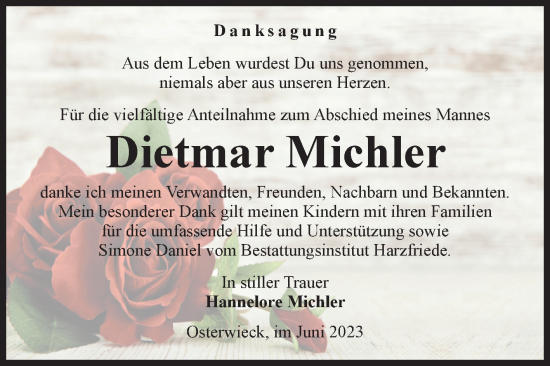 Traueranzeige von Dietmar Michler von Volksstimme Halberstadt