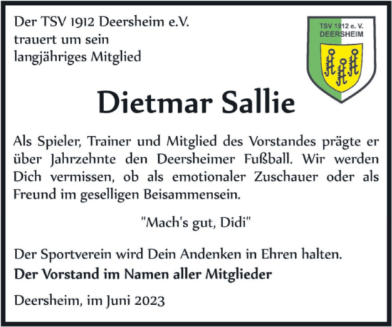 Traueranzeige von Dietmar Sallie von Volksstimme Halberstadt