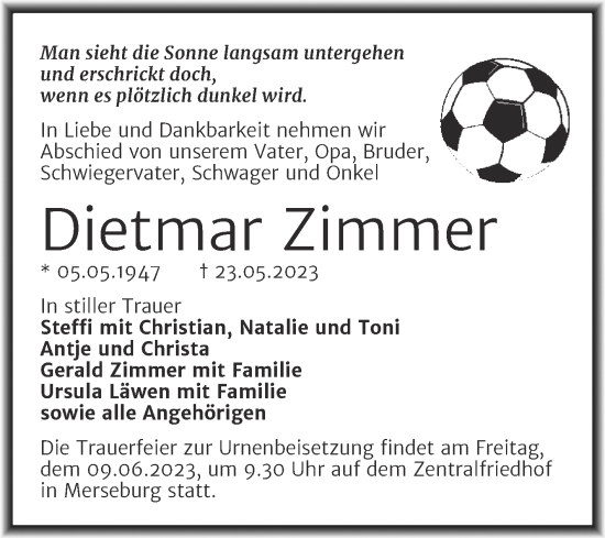 Traueranzeige von Dietmar Zimmer von Trauerkombi Merseburg