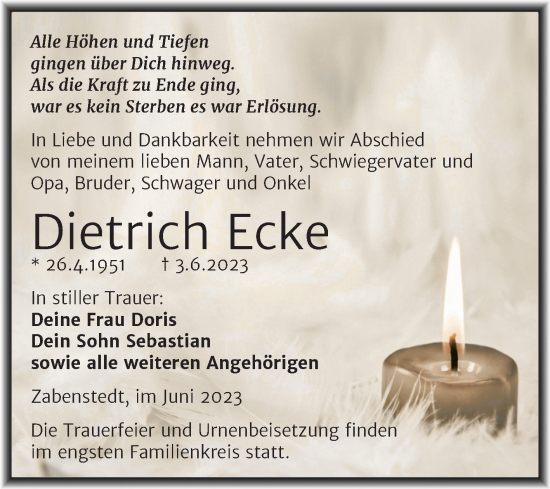 Traueranzeige von Dietrich Ecke von Trauerkombi Mansfelder Land