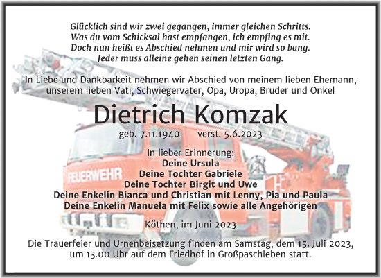 Traueranzeige von Dietrich Komzak von Trauerkombi Köthen