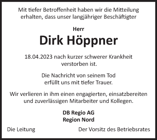 Traueranzeige von Dirk Höppner von Volksstimme Halberstadt