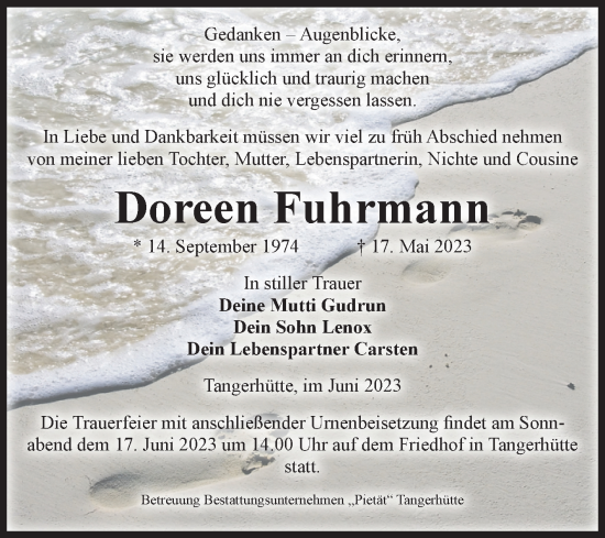 Traueranzeige von Doreen Fuhrmann von Volksstimme Altmark Ost