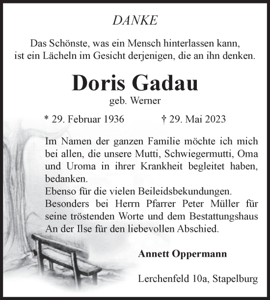 Traueranzeige von Doris Gadau von Volksstimme Wernigerode
