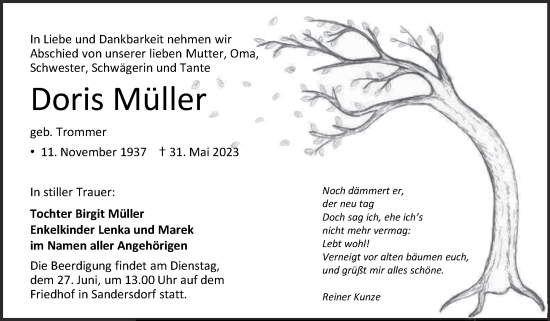 Traueranzeige von Doris Müller von Trauerkombi Bitterfeld