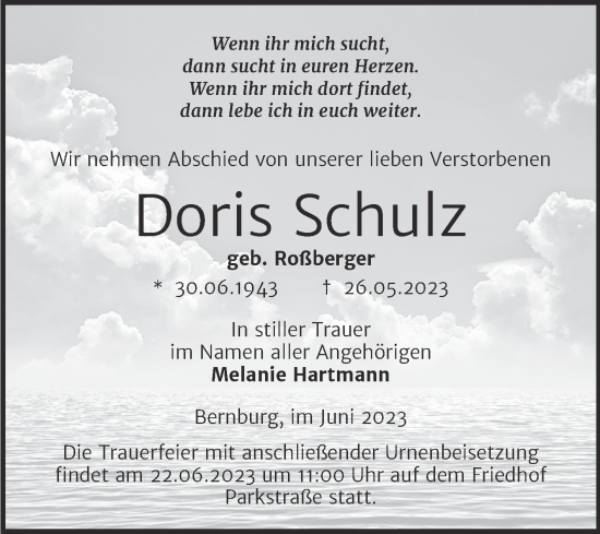 Traueranzeige von Doris Schulz von Trauerkombi Bernburg