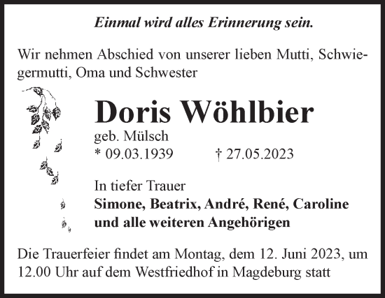 Traueranzeige von Doris Wöhlbier von Volksstimme Magdeburg