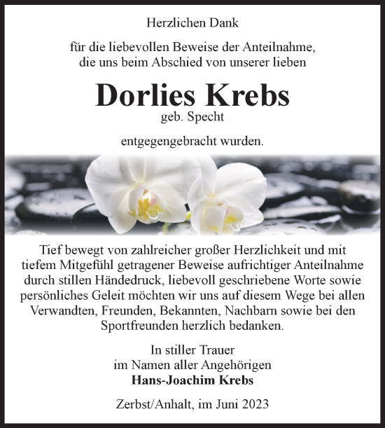 Traueranzeige von Dorlies Krebs von Volksstimme Zerbst