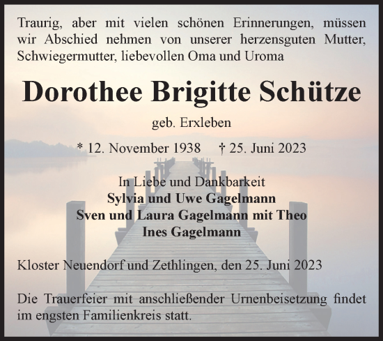 Traueranzeige von Dorothee Brigitte Schütze von Volksstimme Altmark West