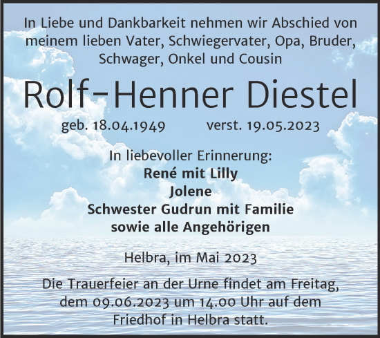 Traueranzeige von Rolf-Henner Diestel von Trauerkombi Mansfelder Land