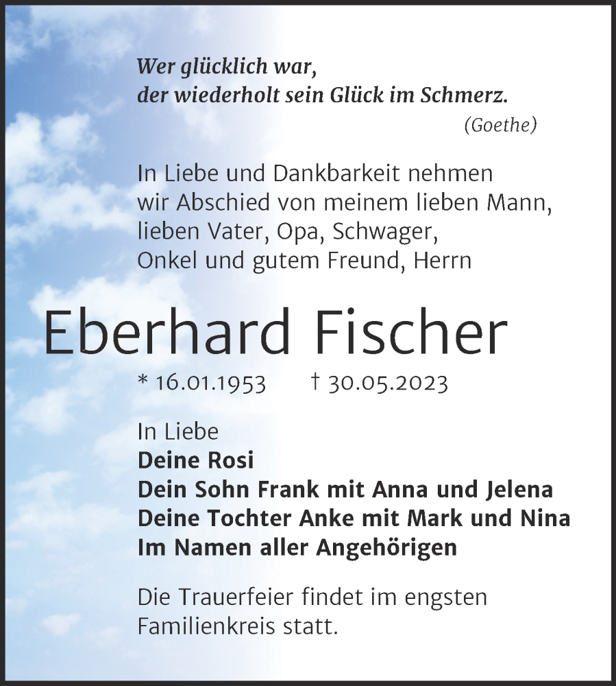  Traueranzeige für Eberhard Fischer vom 14.06.2023 aus Trauerkombi Weißenfels
