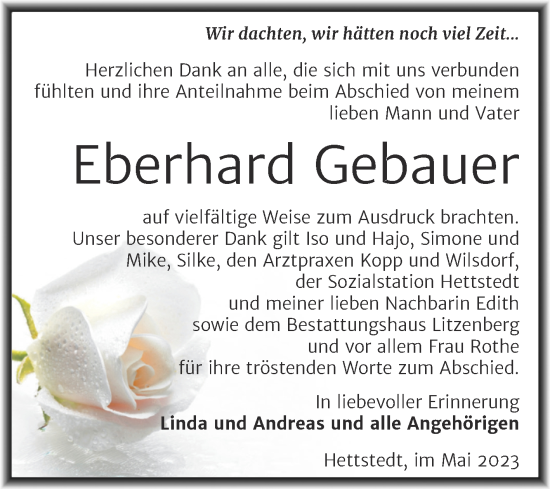Traueranzeige von Eberhard Gebauer von Trauerkombi Mansfelder Land