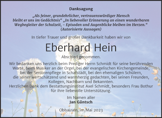 Traueranzeige von Eberhard Hein von Trauerkombi Merseburg