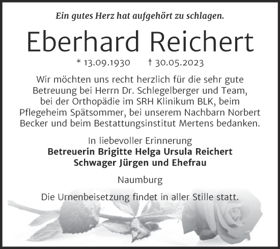 Traueranzeige von Eberhard Reichert von Wochenspiegel Naumburg/Nebra