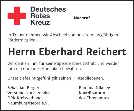 Traueranzeige von Eberhard Reichert von Naumburger Tageblatt