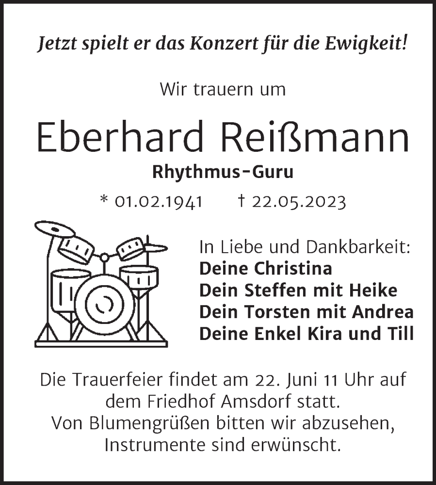  Traueranzeige für Eberhard Reißmann vom 03.06.2023 aus Trauerkombi Mansfelder Land