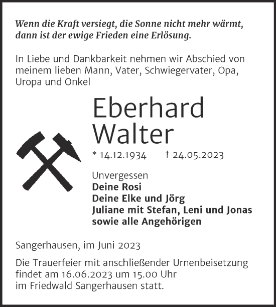 Traueranzeige von Eberhard Walter von Trauerkombi Sangerhausen