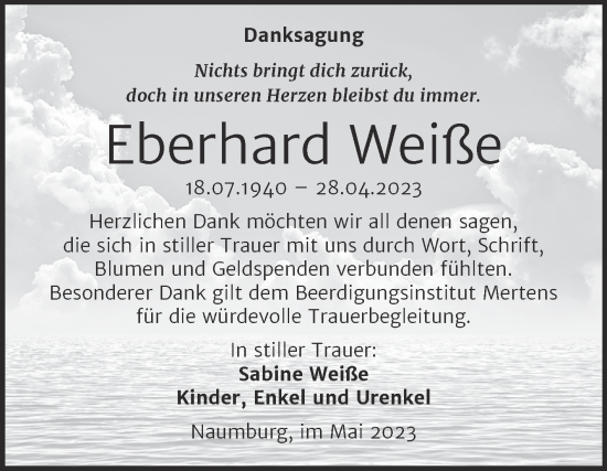 Traueranzeige von Eberhard Weiße von Wochenspiegel Naumburg/Nebra
