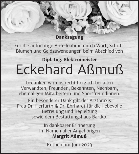 Traueranzeige von Eckehard Aßmuß von Trauerkombi Köthen