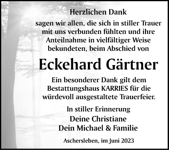 Traueranzeige von Eckehard Gärtner von Trauerkombi Aschersleben