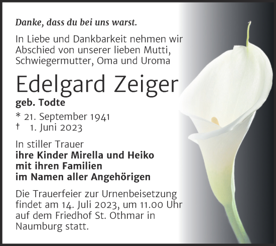Traueranzeige von Edelgard Zeiger von Wochenspiegel Naumburg/Nebra