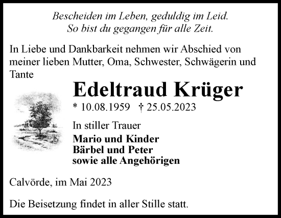 Traueranzeige von Edeltraud Krüger von Volksstimme Haldensleben/Wolmirstedt