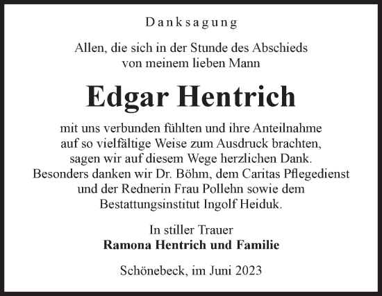 Traueranzeige von Edgar Hentrich von Volksstimme Schönebeck