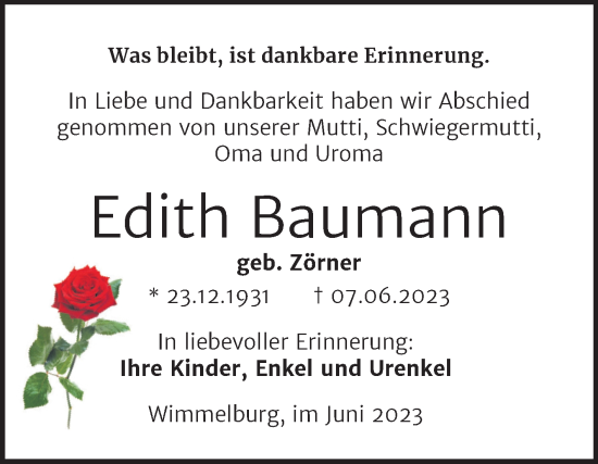 Traueranzeige von Edith Baumann von Trauerkombi Mansfelder Land