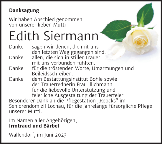 Traueranzeige von Edith Biermann von Trauerkombi Merseburg