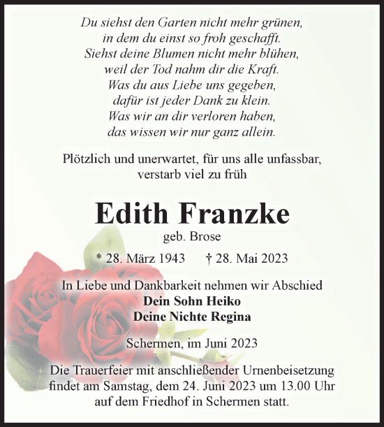 Traueranzeige von Edith Franzke von Volksstimme Burg/Genthin