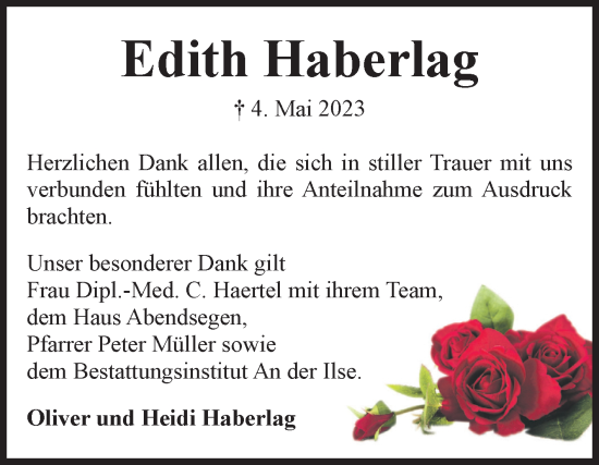 Traueranzeige von Edith Haberlag von Volksstimme Wernigerode