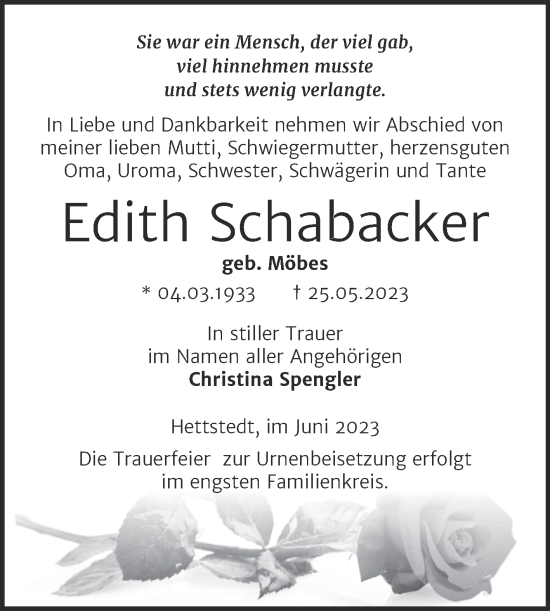 Traueranzeige von Edith Schabacker von Trauerkombi Mansfelder Land