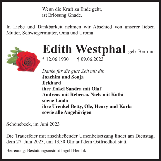 Traueranzeige von Edith Westphal von Volksstimme Schönebeck