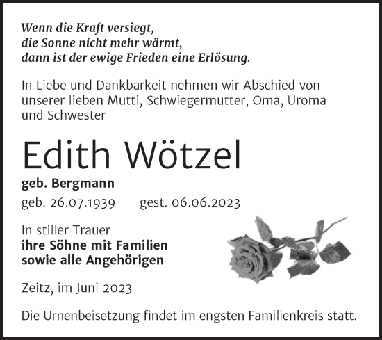 Traueranzeige von Edith Wötzel von Trauerkombi Zeitz