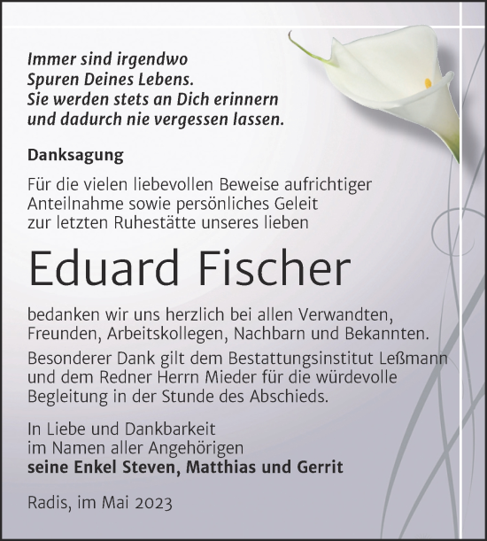 Traueranzeige von Eduard Fischer von Trauerkombi Wittenberg
