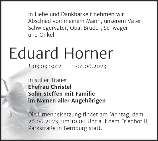 Traueranzeige von Eduard Horner von Trauerkombi Bernburg