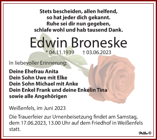Traueranzeige von Edwin Broneske von Trauerkombi Weißenfels