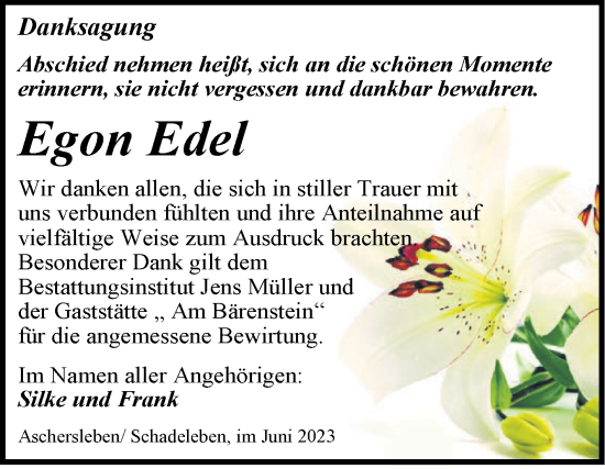 Traueranzeige von Egon Edel von Trauerkombi Aschersleben