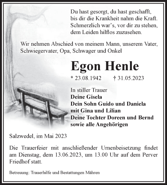 Traueranzeige von Egon Henle von Volksstimme Altmark West