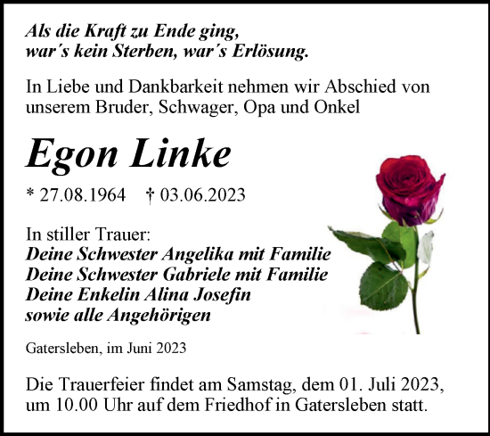 Traueranzeige von Egon Linke von Trauerkombi Aschersleben