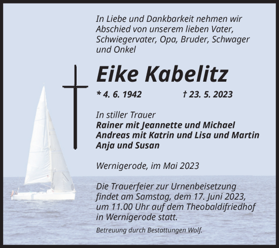 Traueranzeige von Eike Kabelitz von Volksstimme Wernigerode
