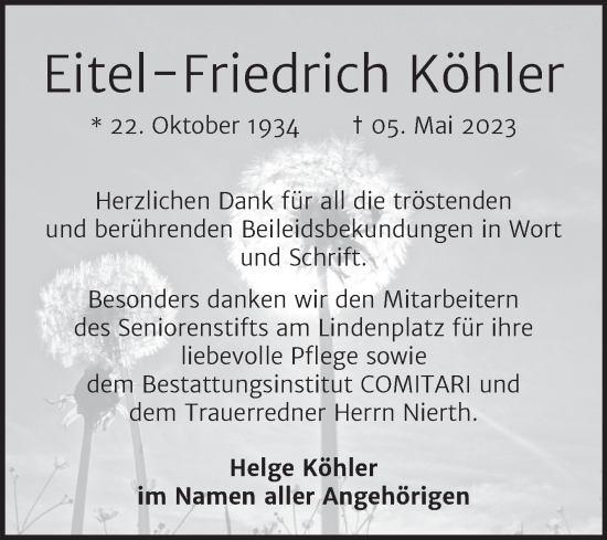 Traueranzeige von Eitel-Friedrich Köhler von Trauerkombi Zeitz