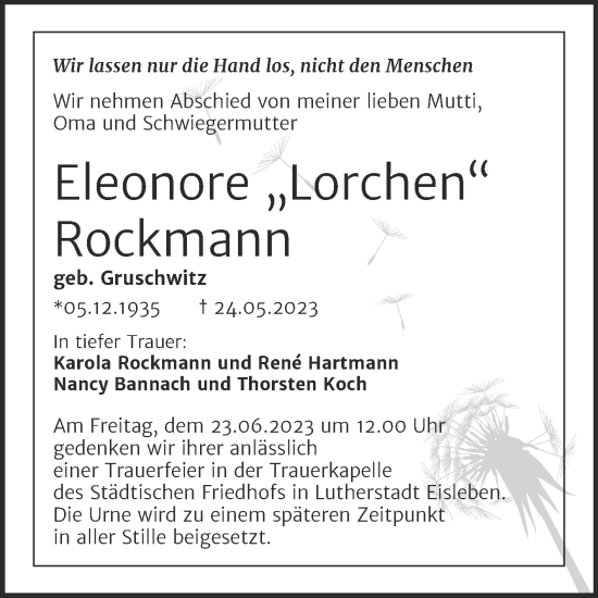 Traueranzeige von Eleonore Rockmann von Trauerkombi Mansfelder Land