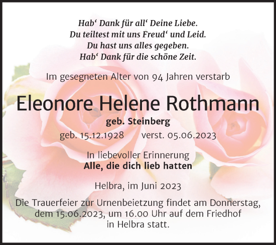 Traueranzeige von Eleonore Helene Rothmann von Trauerkombi Mansfelder Land