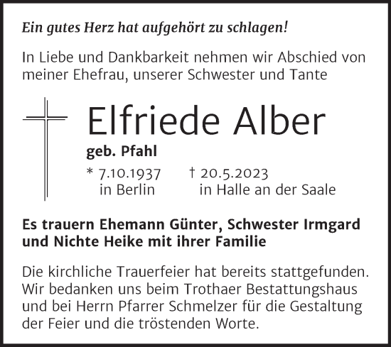 Traueranzeige von Elfriede Alber von Mitteldeutsche Zeitung Halle/Saalkreis