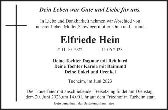 Traueranzeige von Elfriede Hein von Volksstimme Burg/Genthin
