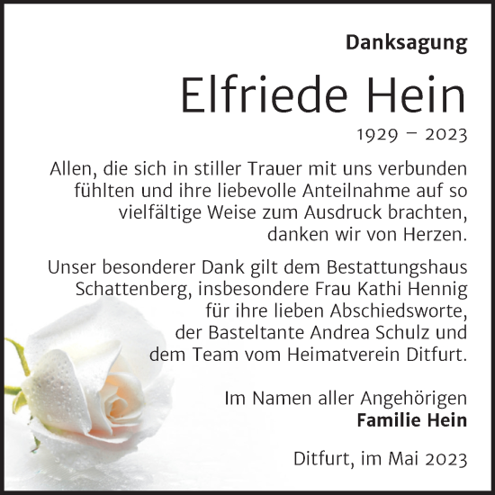 Traueranzeige von Elfriede Hein von Trauerkombi Quedlinburg