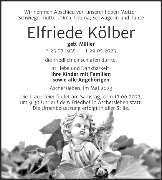 Traueranzeige von Elfriede Kölber von Trauerkombi Aschersleben