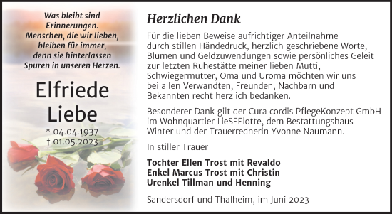 Traueranzeige von Elfriede Liebe von Trauerkombi Bitterfeld