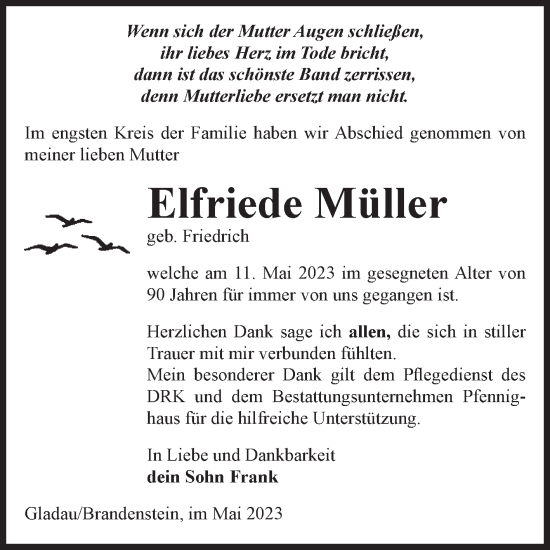 Traueranzeige von Elfriede Müller von Volksstimme Burg/Genthin